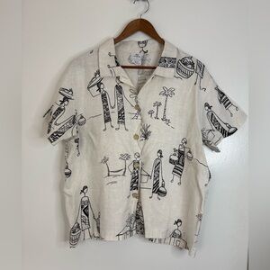 Hot Cotton vintage linen short sleeve, black & white print, button down shirt. M
